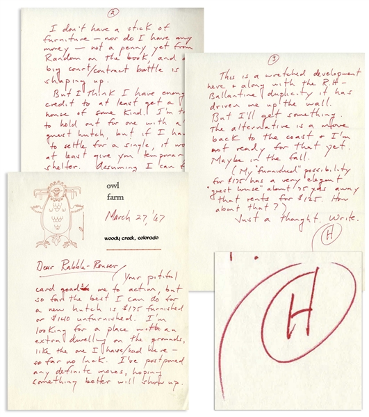 Hunter S. Thompson Autograph Letter Signed From 1967 -- ''...not a penny yet from Random on the book, and a big court/contract battle is shaping up...''